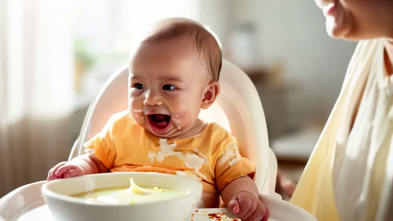 Baby in high chair with food, smiling. Adult nearby. Baby enjoying meal, wearing orange bib. Bright