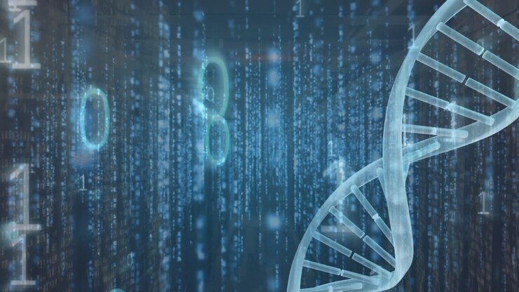 Animation of dna strand with data processing over server room