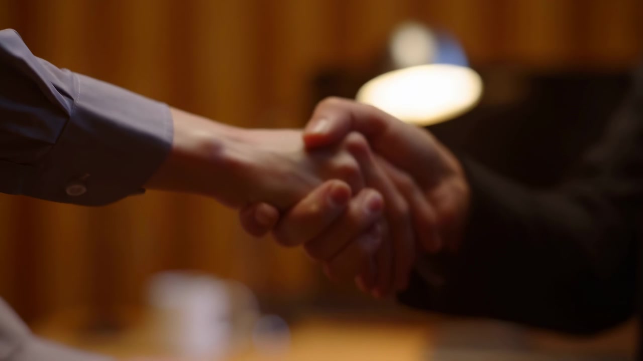 Two adults complete formal handshake inside warm office meeting room, centered clasp showing suit sleeve and light shirt, with soft indoor light, calm mood, and clear signs of greeting and deal making