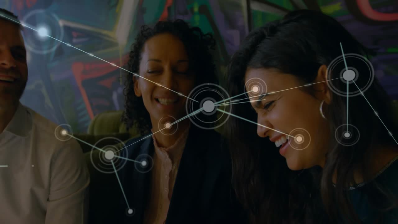 Seated trio reacting while mobile alert starting HUD network expanding, showing shared content
