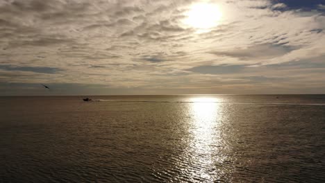 Dramatic-ocean:-Racing-speedboat-with-seagull-and-spectral-sun-ball-among-fluffy-clouds-in-the-afternoon