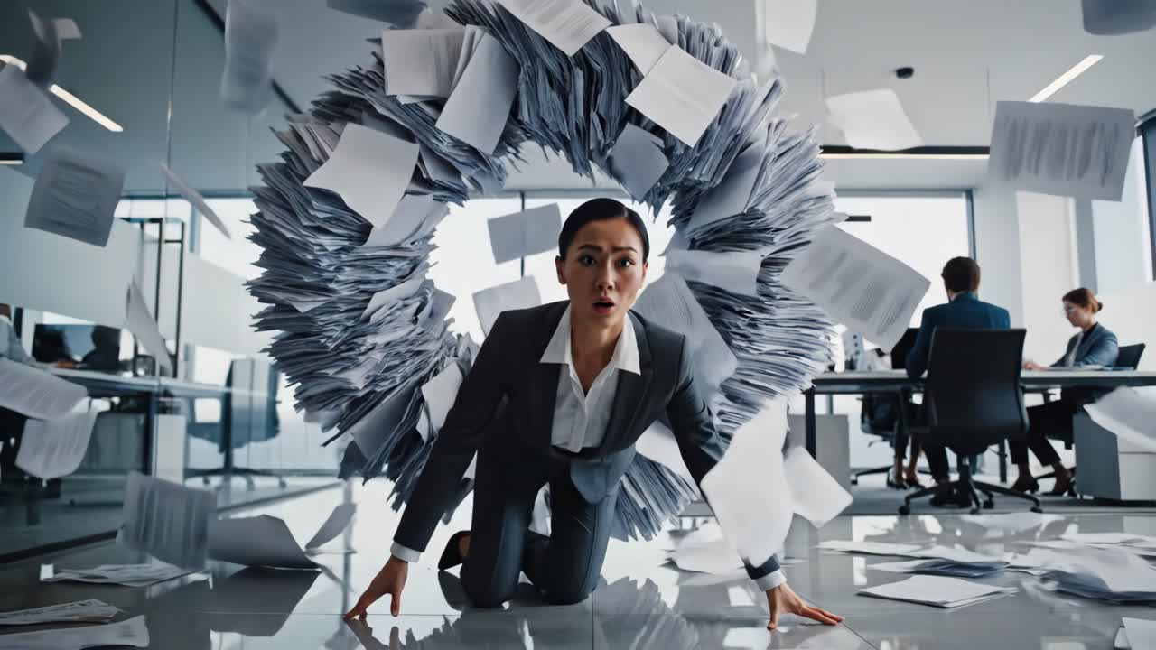 Businesswoman Overwhelmed by Paperwork in Office