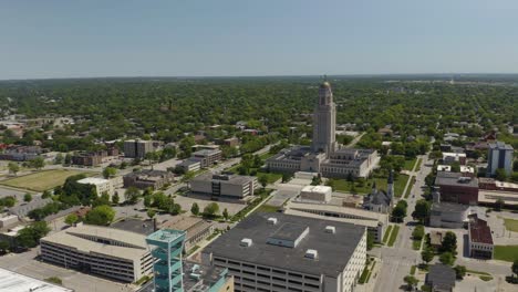 Aerial-Establishing-Shot-of-Downtown-Lincoln,-Nebraska-with-State-Capitol-Building-in-Background