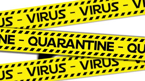animation of coronavirus quarantine warning text on yellow hazard tape, over bat, on white