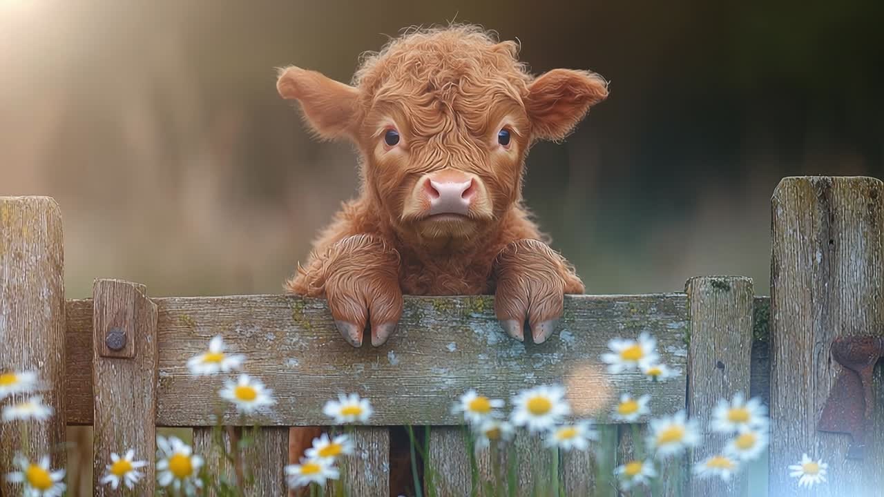 Cute calf gazes over a wooden fence. A young calf with fluffy fur leans over a wooden fence surrounded by blooming daisies in a serene setting.