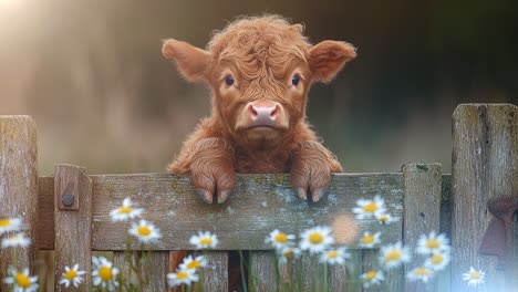 un jeune veau à la fourrure moelleuse se penche sur une clôture en bois entouré de marguerites en fleurs dans un cadre serein.