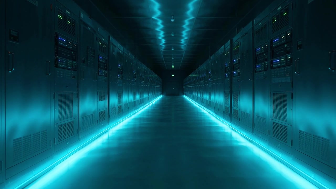 Long Corridor in a Modern Data Center with Glowing Blue Lights