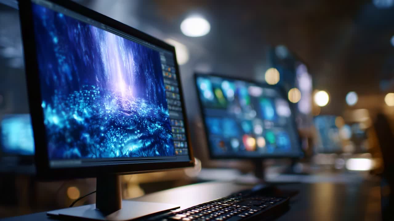 A captivating glimpse into a digital landscape displayed on high-tech monitors, showcasing vibrant colors and immersive graphics in a modern workspace environment