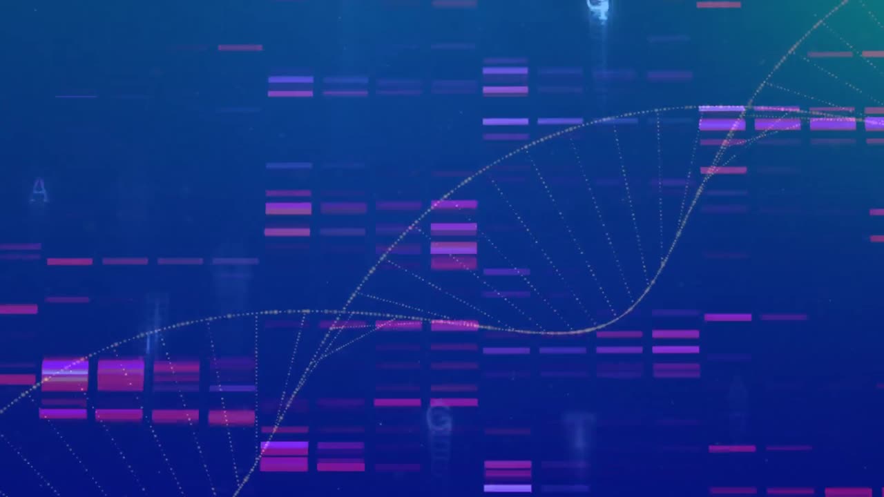 Digital animation of dna structure spinning over mosaic squares against blue background