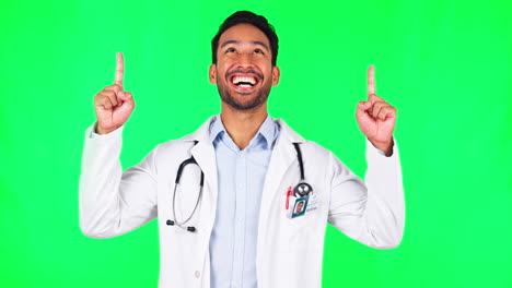 Pointing,-happy-and-doctor-with-man-on-green