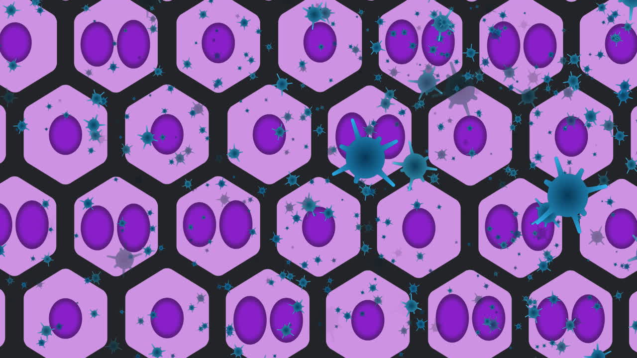 검은 바탕에 바이러스 세포 아이콘의 애니메이션