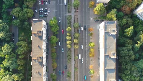 aerial drone video of downtown apartment buildings and cars on the highway in pecherskyi district of kyiv oblast ukraine during sunset