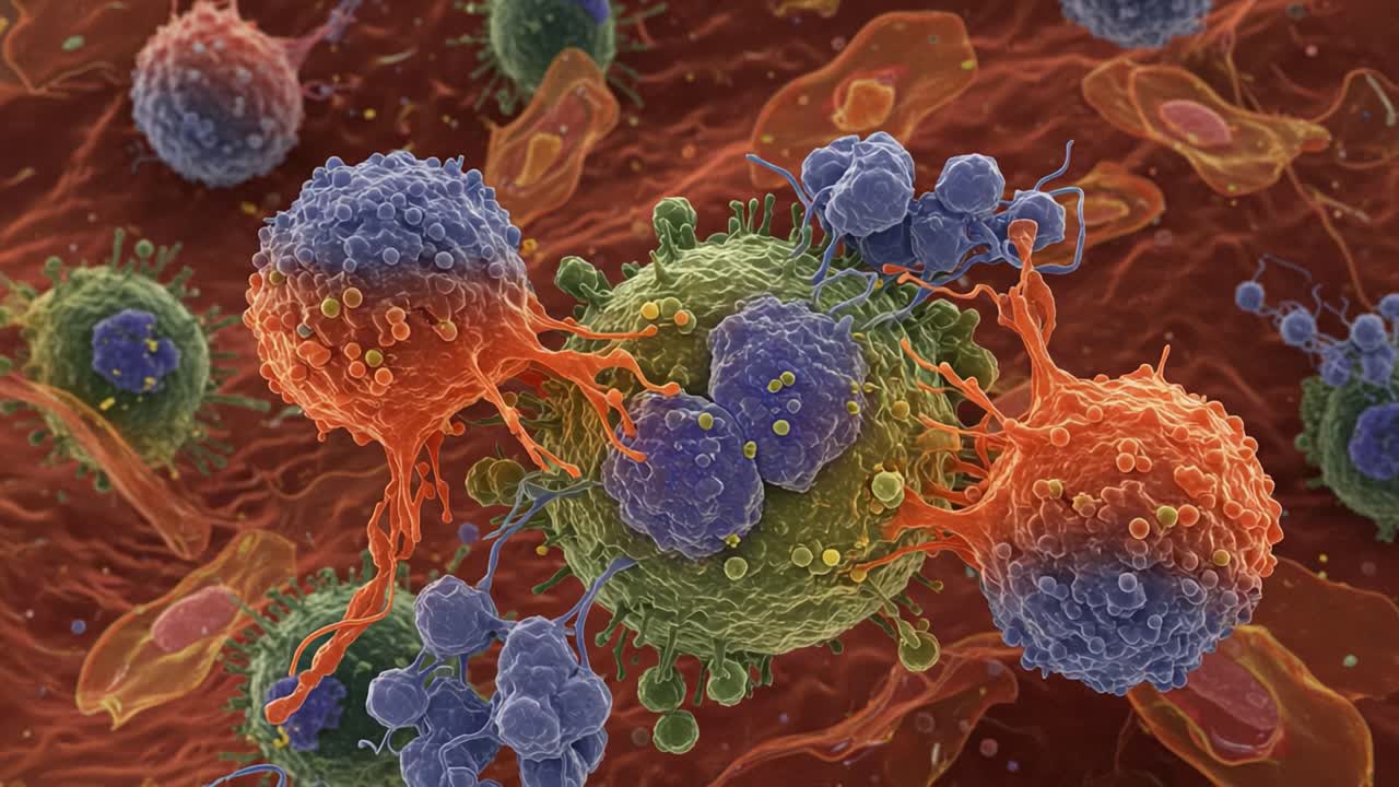 Microscopic View of Immune Cells Engaging Cancer Cells in Action: A Detailed Look at Cellular Interactions and Defense Responses
