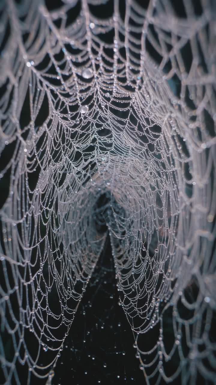 Intricate spiderweb forming a tunnel shape, covered in tiny dew drops, sparkling in the early morning light, creating a magical and ethereal atmosphere