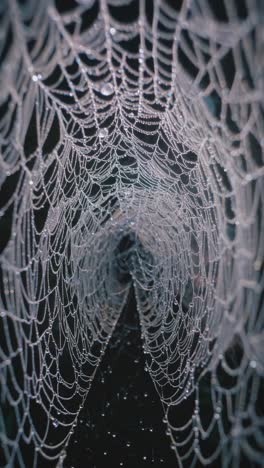 intricate spiderweb forming a tunnel shape, covered in tiny dew drops, sparkling in the early morning light, creating a magical and ethereal atmosphere