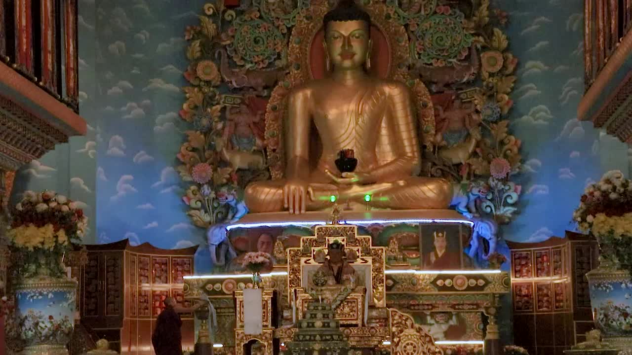 young monks prying to huge golden buddha statue at buddhist monastery from different angle video taken at tergar monastery bodh gaya bihar india on Feb 11 2020.