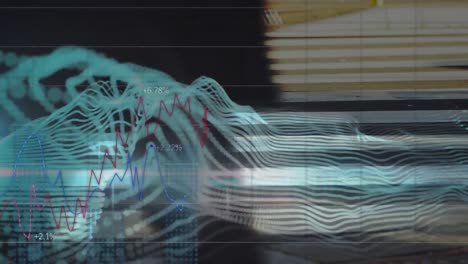 animation of financial data processing over pedestrians walking in fast motion