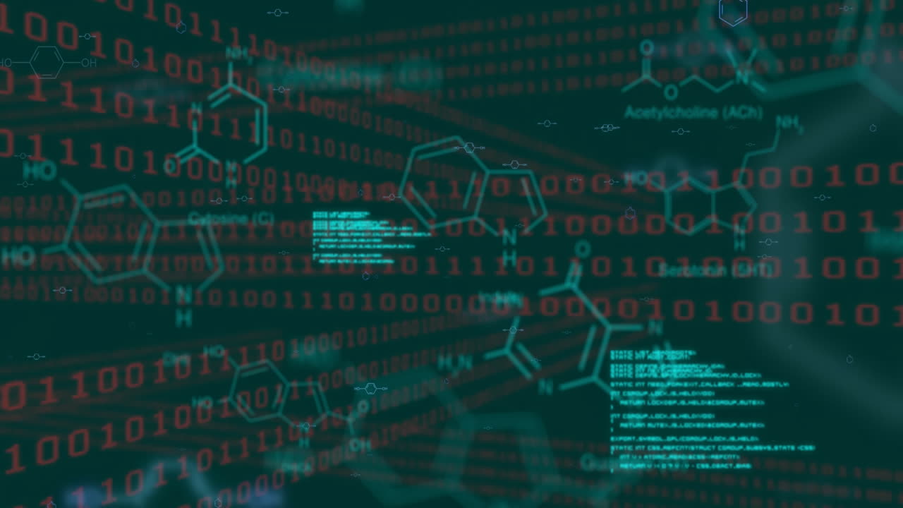 código binario y animación de estructuras químicas sobre datos científicos