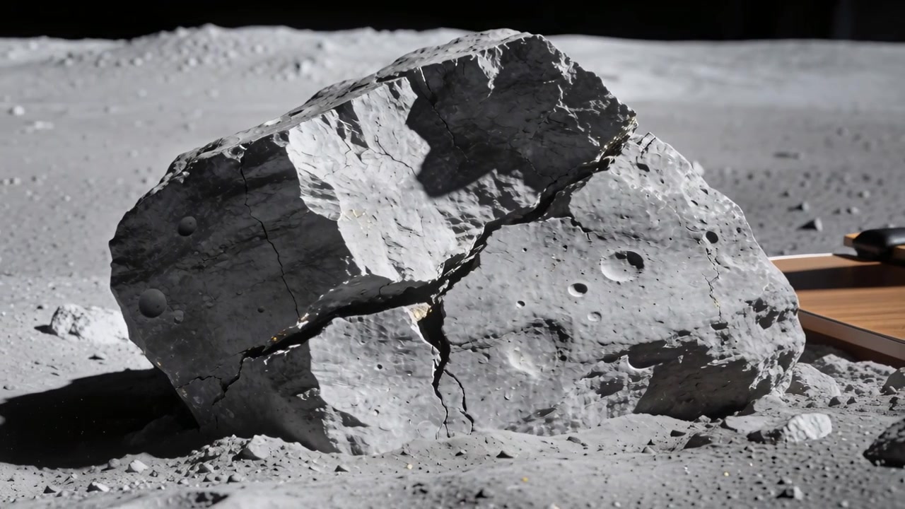 Espulsione di una colonna di polvere dopo un piccolo impatto, un grande masso fratturato si deposita sulla pianura lunare, con una piattaforma.