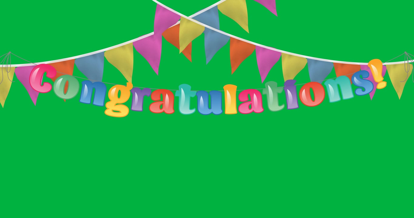 Decorazione con bandierine colorate sopra la scritta "congratulazioni" su sfondo nero