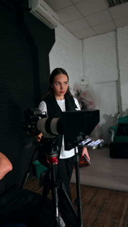 attractive caucasian girl stands at camera setting the teleprompter. bearded cameraman sits behind the camera. vertical video