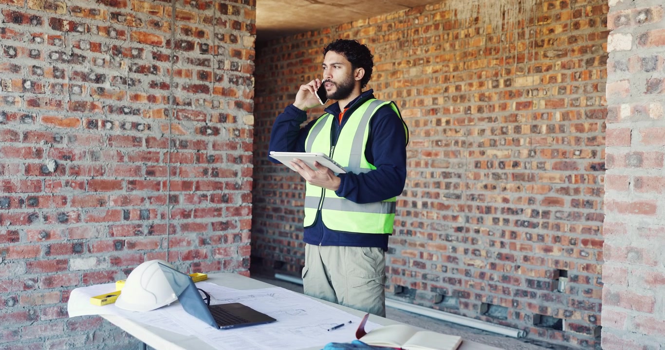 Construction Manager Using Tablet and Phone at Building Site