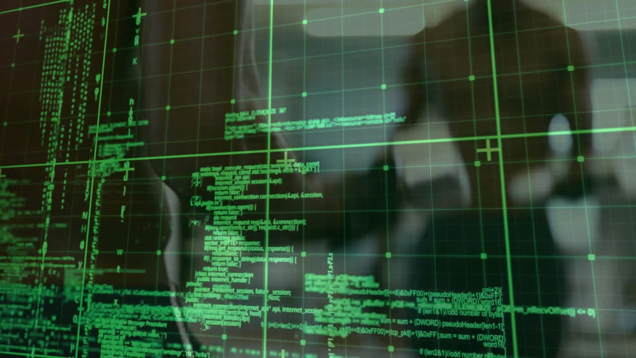 Silhouette man walking behind transparent panel, examining code and shifting grid for tech analysis