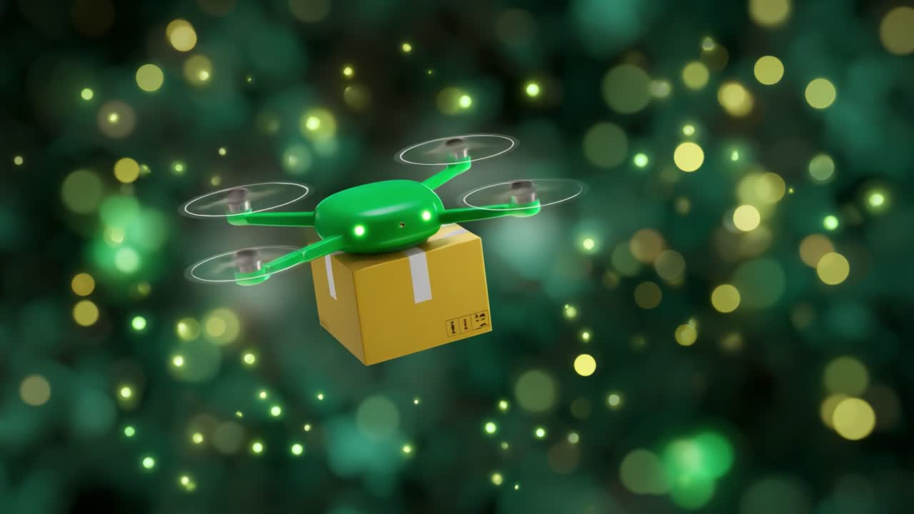 A futuristic delivery drone carrying a bright yellow package navigates through a vibrant green space filled with sparkling bokeh lights, showcasing advanced technology and delivery services