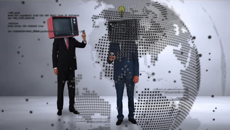 animation of caucasian men with tv instead of heads over globe and data