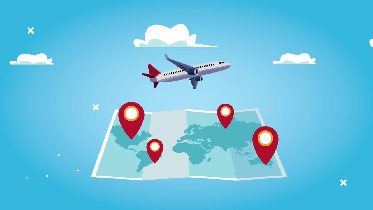 animación de turismo mundial con avión volando en mapa de papel y ubicaciones de alfileres