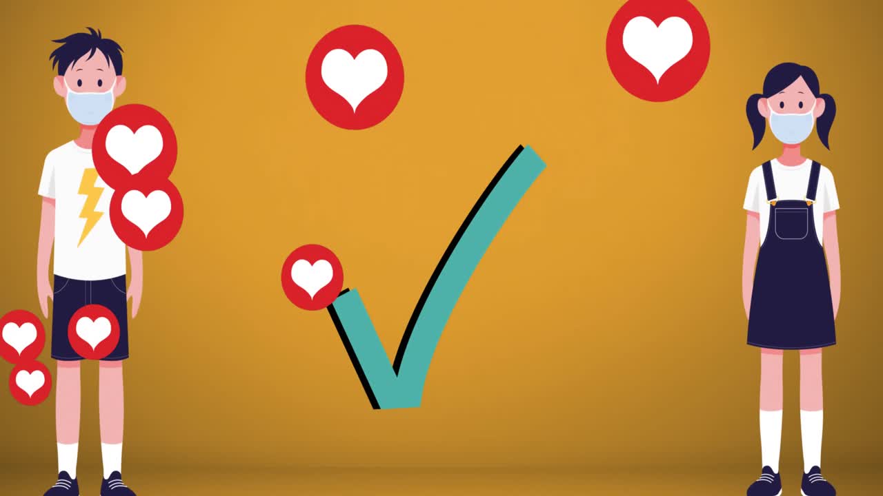 소년과 소녀가 얼굴 마스크를 쓰고 사회적 거리를 유지하는 것에 대해 여러 개의 빨간 심장 아이콘이 있습니다.