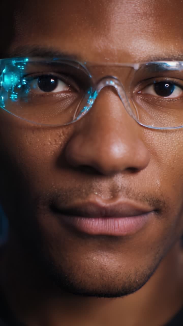 Close-Up of a Person's Face Highlighting Expression and Detail, Showcasing Clear Protective Eyewear and Intense Gaze, with a Focus on Features and Skin Texture