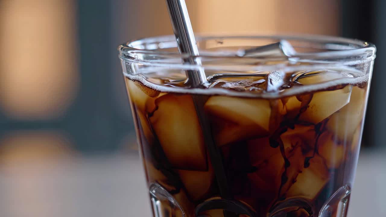 Primo piano video di un bicchiere pieno di caffè freddo, che mostra cubetti di ghiaccio che si sciolgono