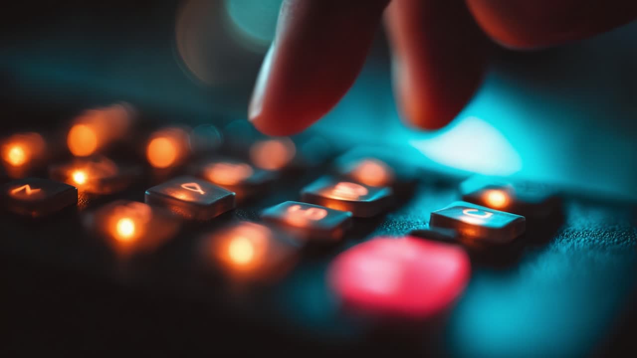 Close-Up on a Hand Pressing Keys: A Glimpse into the Interaction with a Computer Interface Showcasing Brightly Lit Buttons and a Focusing Touch Point