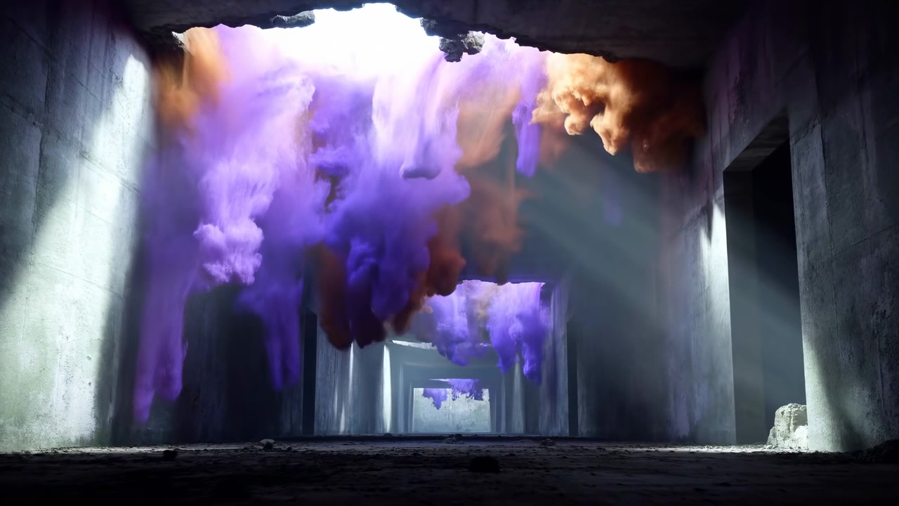 Un corridoio di cemento deserto con una forte luce solare che filtra attraverso le aperture del soffitto, creando lunghe ombre e una foschia viola e arancione in un ambiente industriale buio.