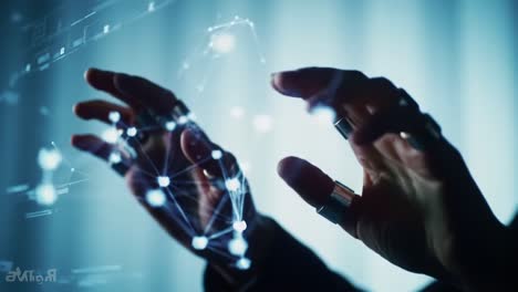 exploring the intersection of technology and humanity: a visual representation of hands interacting with dynamic data in a digital environment