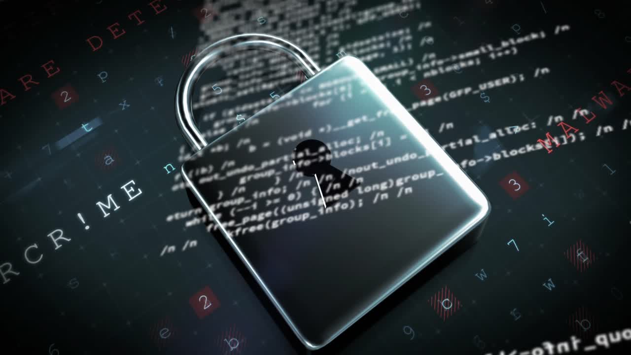 animación del candado y procesamiento de datos sobre fondo negro