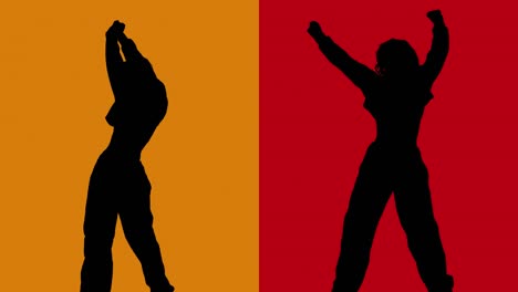 split screen studio silhouette of women dancing against red and orange backgrounds