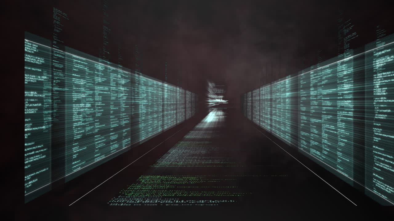 animación del túnel con procesamiento de datos sobre fondo negro y humo