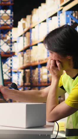 vertical video male worker in hi vis vest falling asleep scanning shipping labels