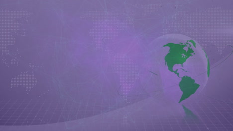 animation of green globe spinning over digital world map with purple background