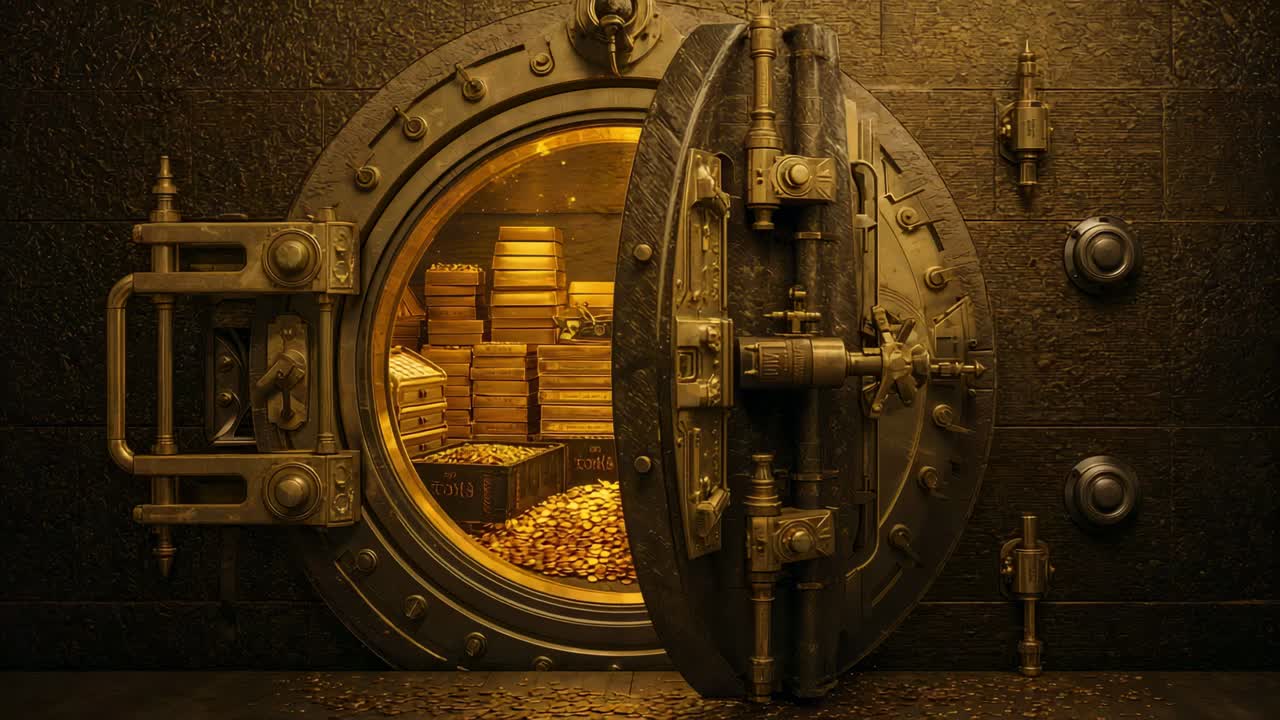 Opening large steel vault door, mechanism engaging, swinging revealing gold bars at secured vault