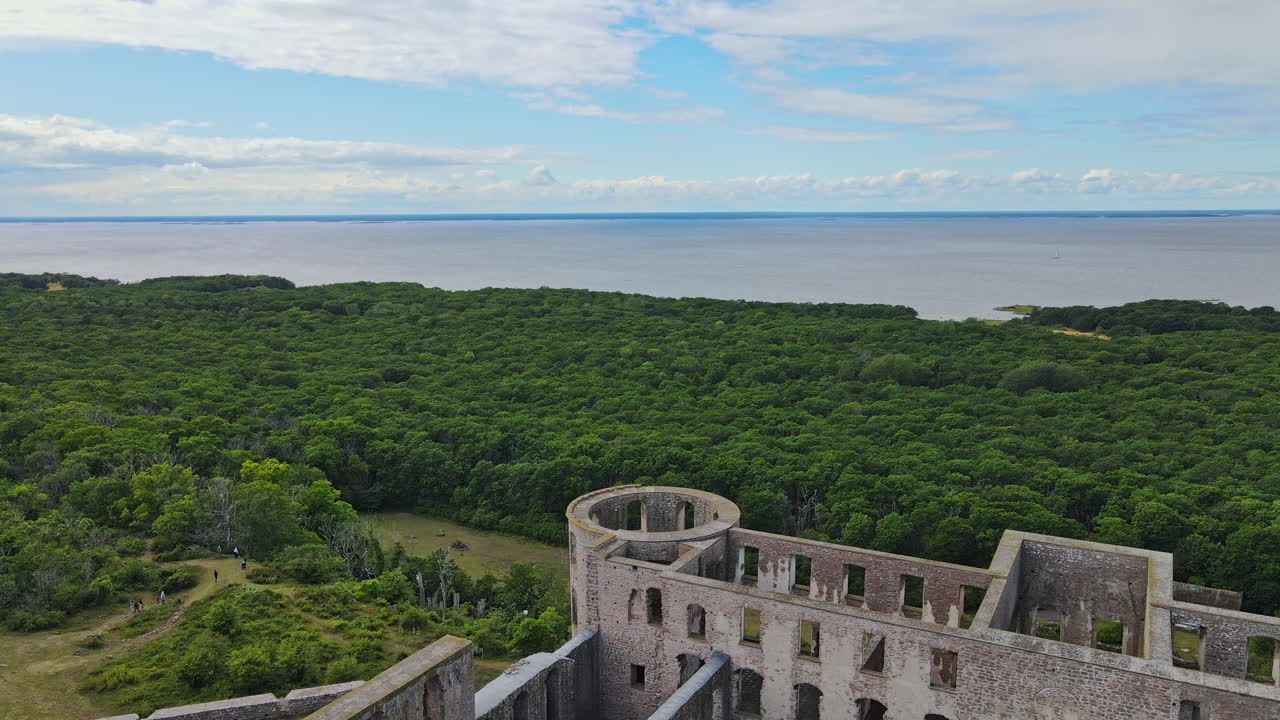 발트해 연안에 울창한 나무가 있는 스웨덴 올란드의 고대 보골름 성터 위를 날고 있는 드론