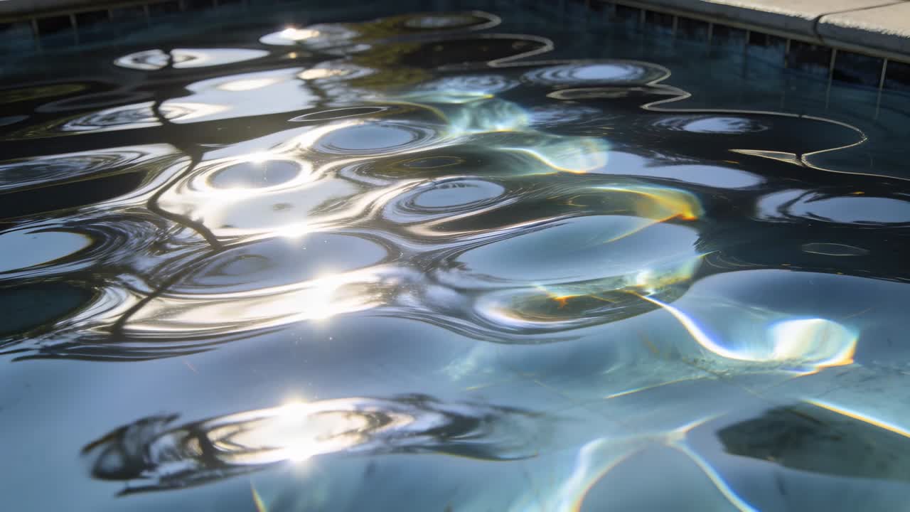 Sun striking pool water surface creating shifting ripples at yard pool coping, with prism flares