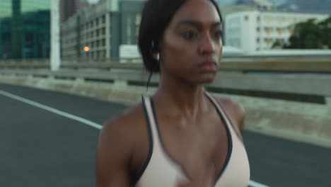 running, music and city with a sports black woman