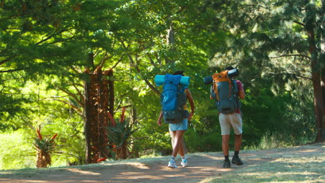 couple with backpacks giving each other high five on vacation hiking through countryside together