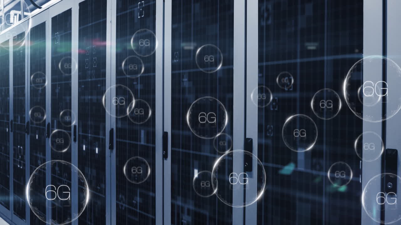 Animation of 6g text banners floating and light spot against computer server room