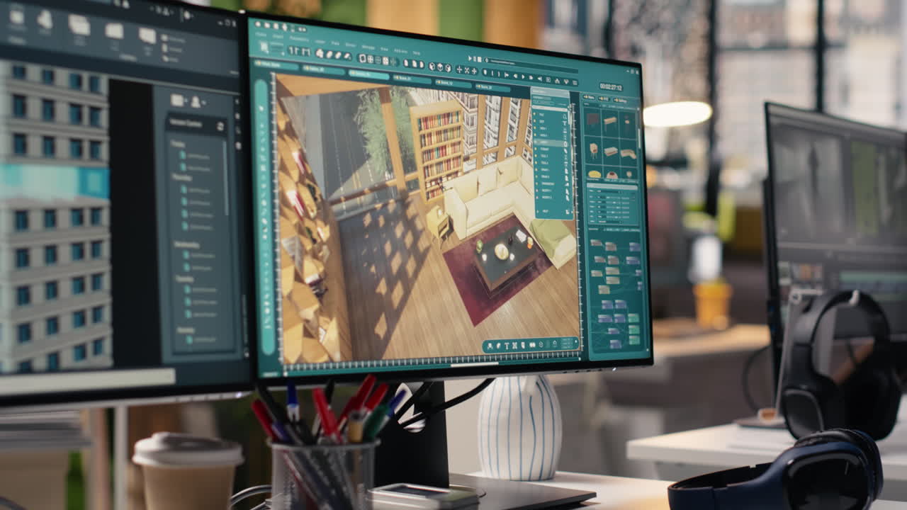 Interior design, on dual monitors, empty office PC, runs architectural software