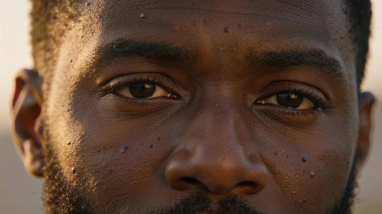 Blinking adult man with beard opening eyes as warm sunlight touching face outside, camera close