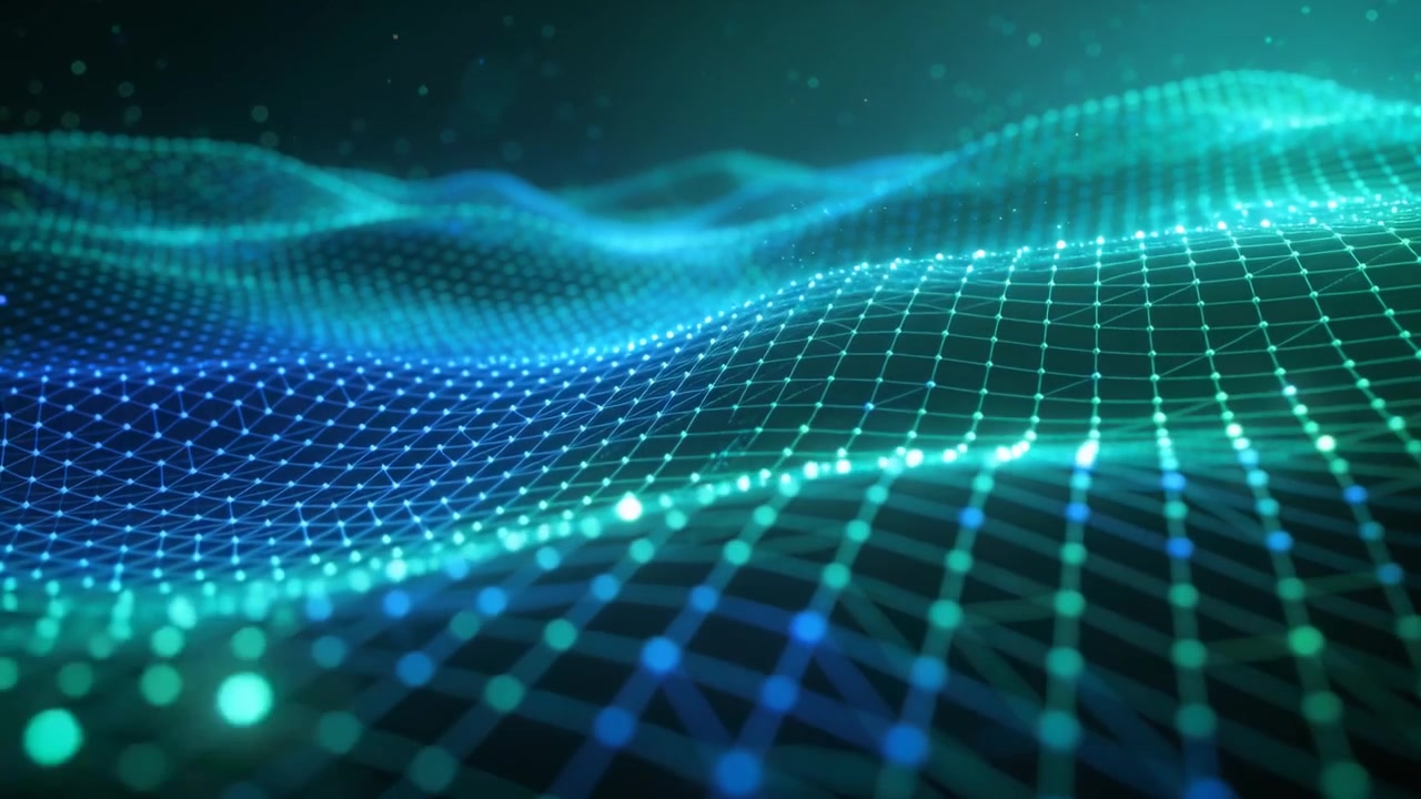 Moving camera revealing undulating wireframe mesh at digital seascape, highlighting glowing nodes